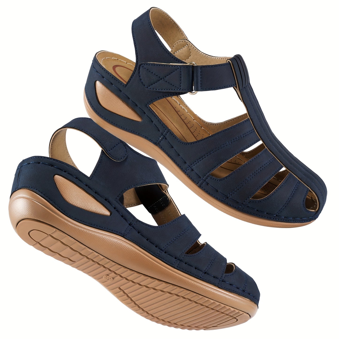 Women's Retro Wedge Sandals - Breathable Perforated Design, Closed Toe Slip-On with Arch Support