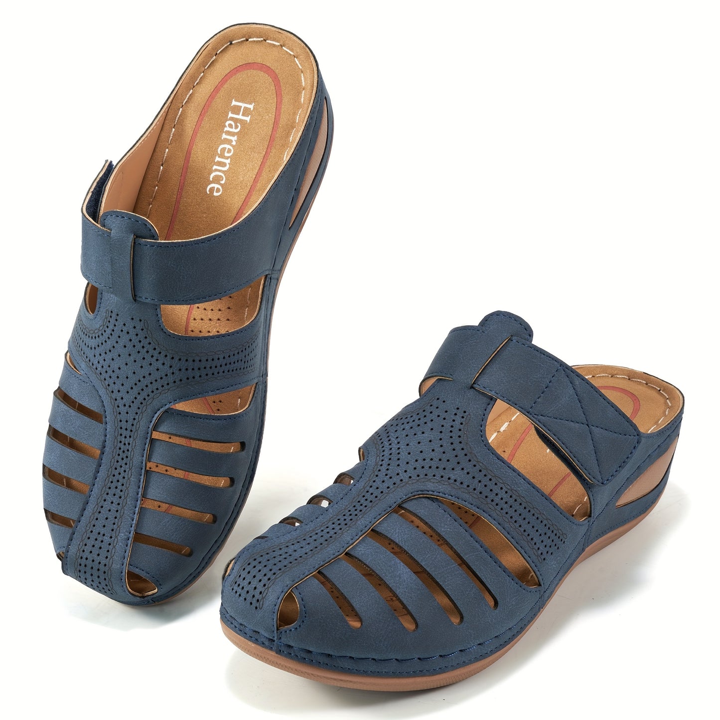 Women's Retro Wedge Sandals - Breathable Perforated Design, Closed Toe Slip-On with Arch Support