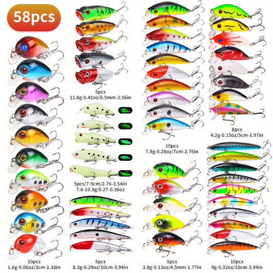 Hard Fishing Lures Set, Includes Minnow Popper Pencil Crank Baits for Bass Pike Fit