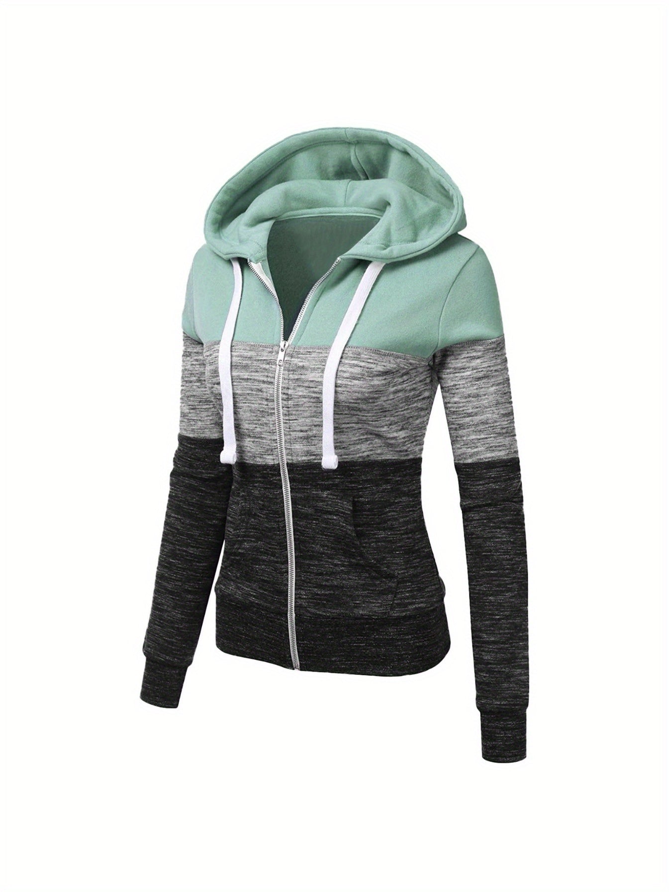 Women's All-Season Zipper Hoodie with Drawstring, Long Sleeve Knit Sweatshirt with Color Block Design