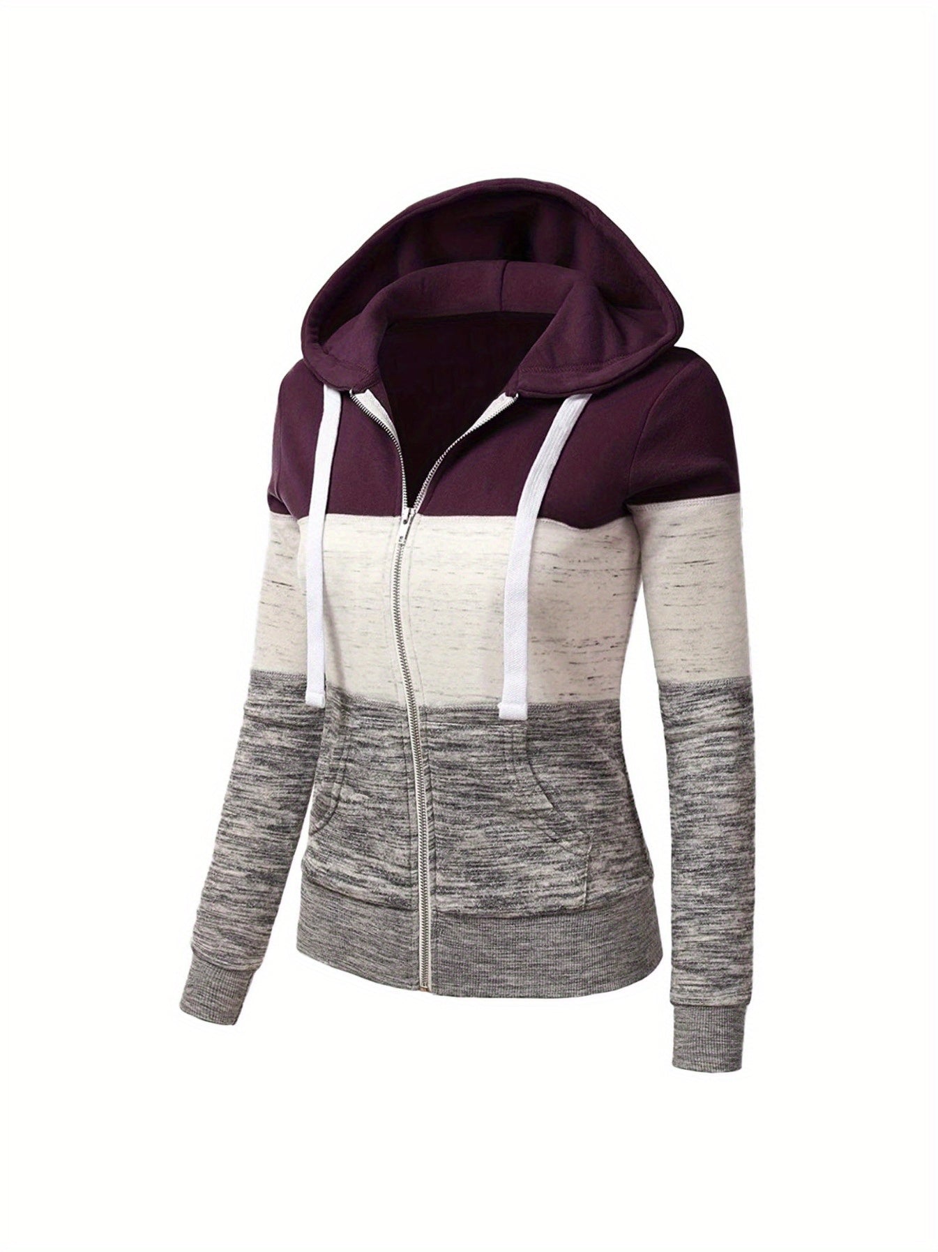 Women's All-Season Zipper Hoodie with Drawstring, Long Sleeve Knit Sweatshirt with Color Block Design