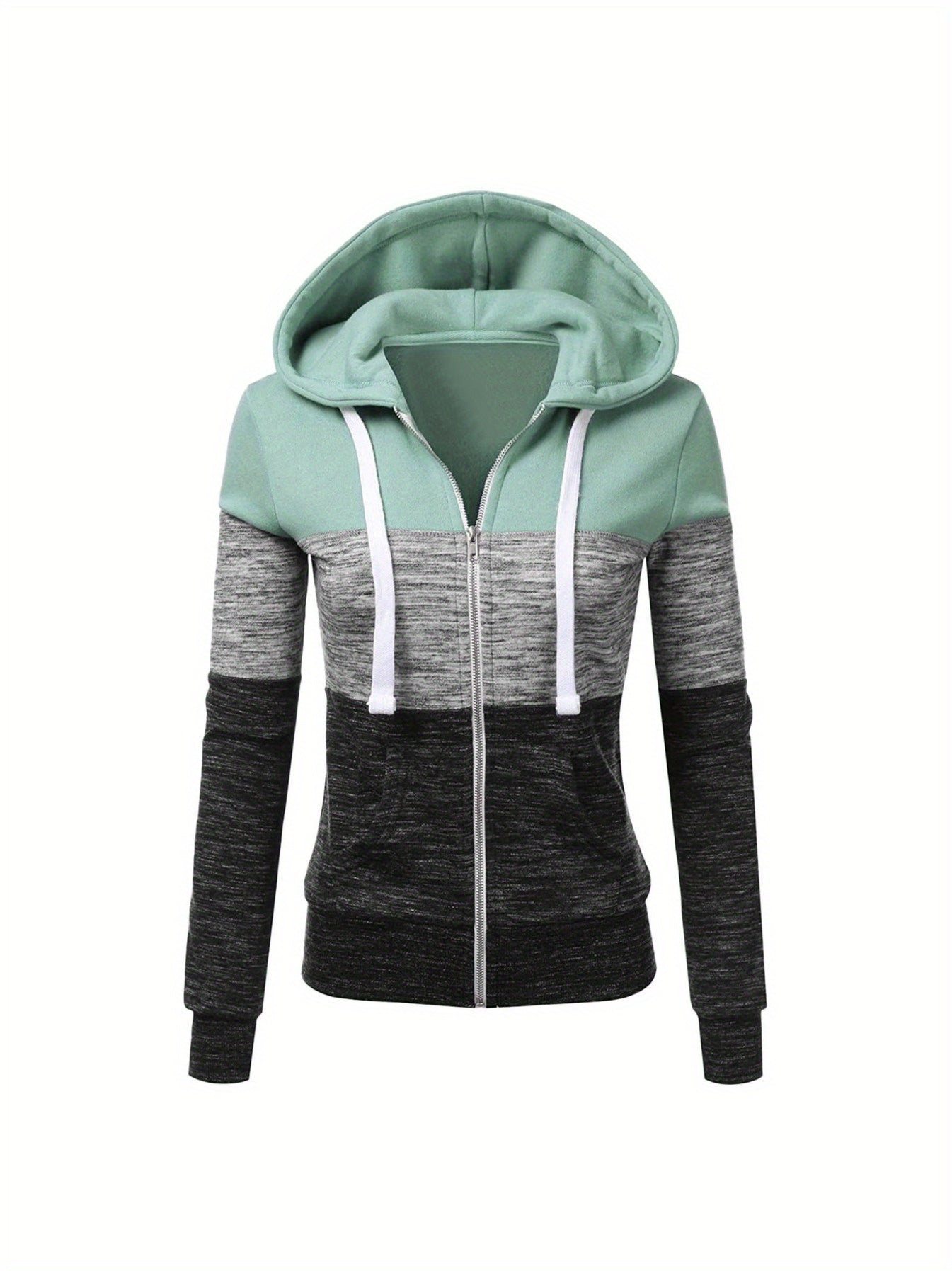 Women's All-Season Zipper Hoodie with Drawstring, Long Sleeve Knit Sweatshirt with Color Block Design