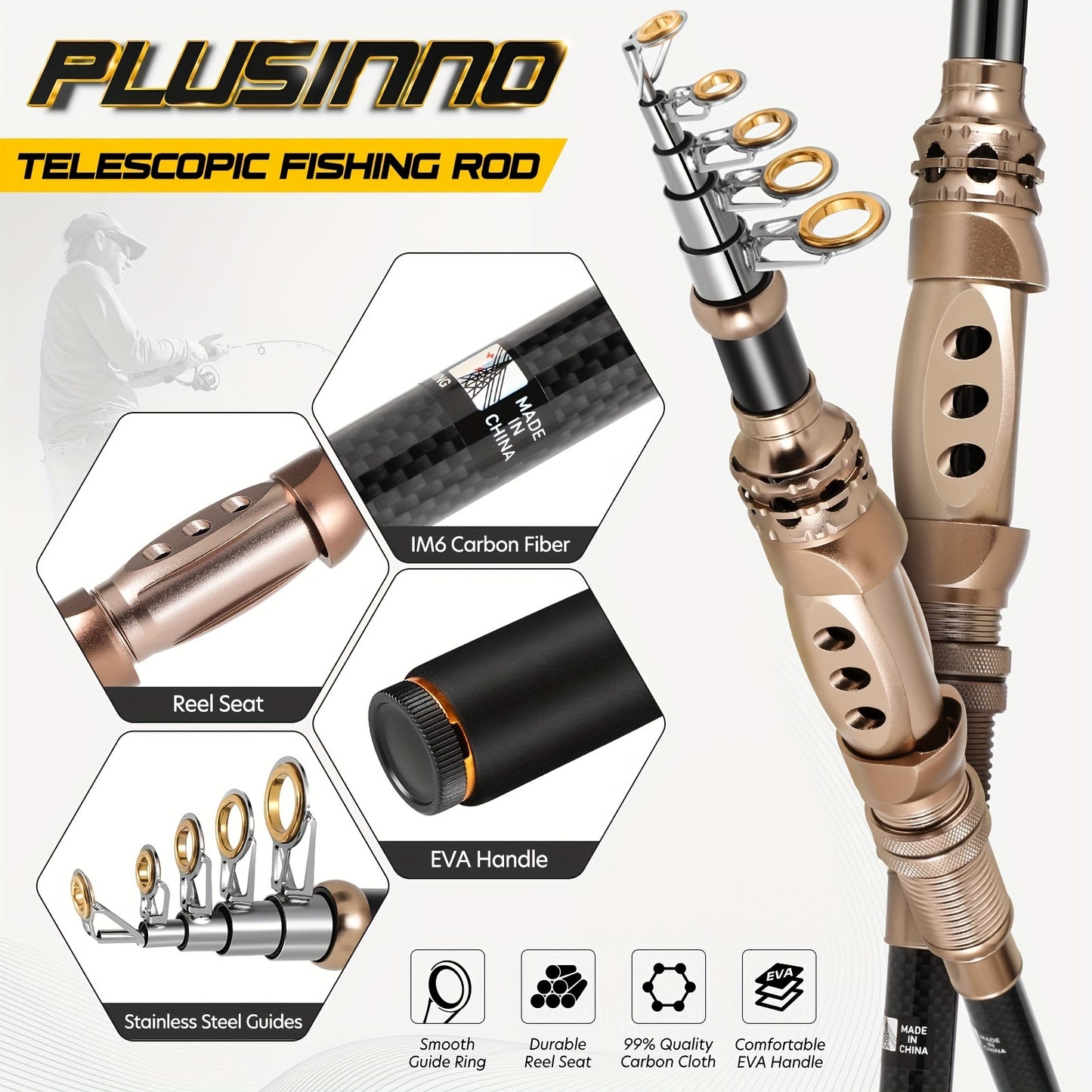 PLUSINNO Telescopic Fishing Rod & Reel Combo II, Complete Fishing Kit With Case, Smooth 12+1 BB Spinning Reel