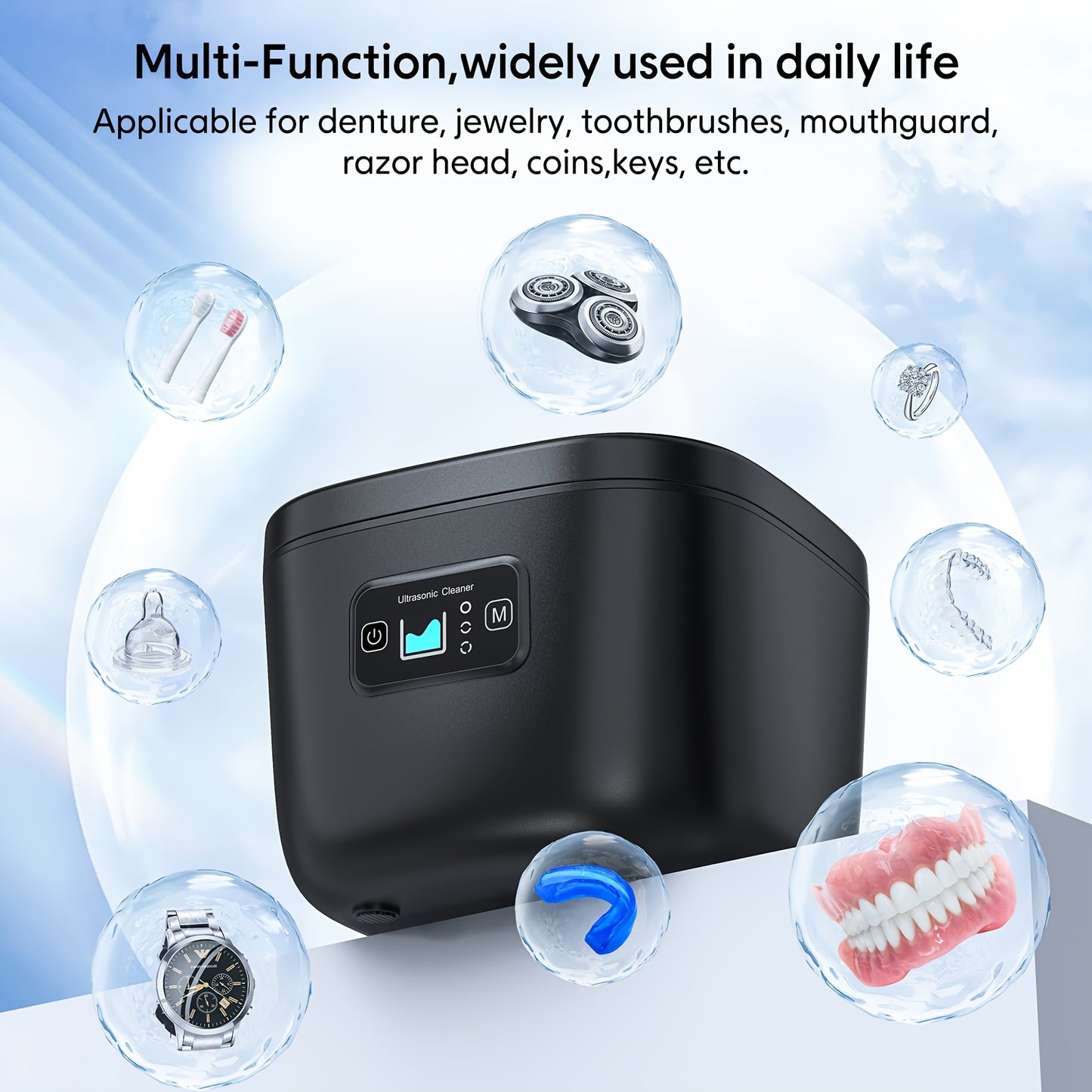 Ultrasonic Denture Cleaner, Multi-Function Jewelry and Oral Care Specialist, 110V-240V AC Powered