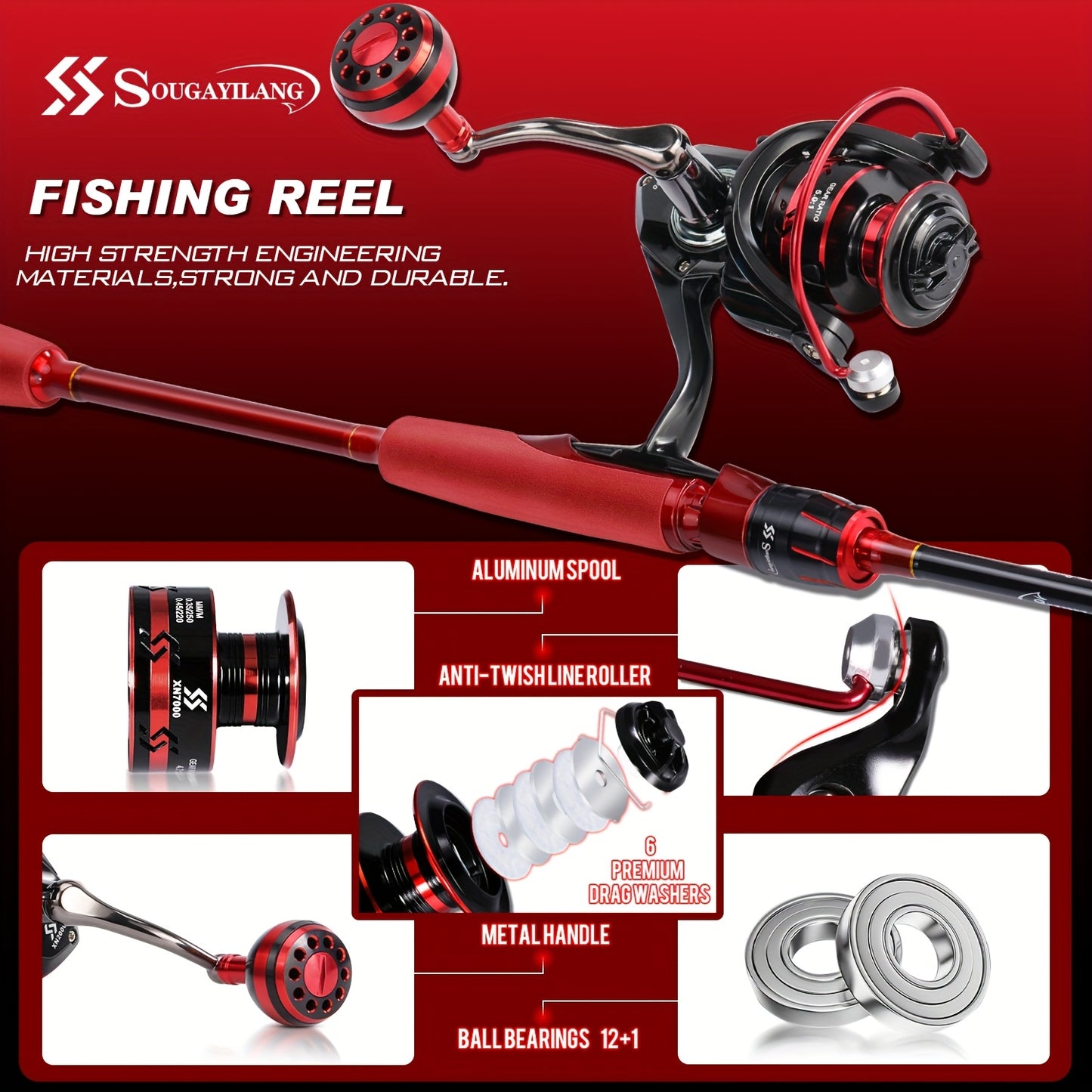 Sougayilang 4-12LBS Two Pieces Light Weight Fishing Pole With 12+1BB High Speed Powerful Gear Combo