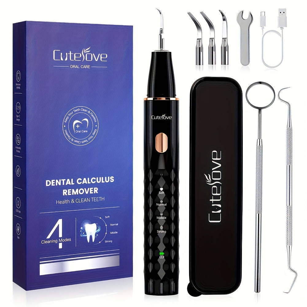 LED Dental Calculus Remover Kit - 4 Cleaning Modes, 3 Replaceable Heads, Hypoallergenic, USB Powered