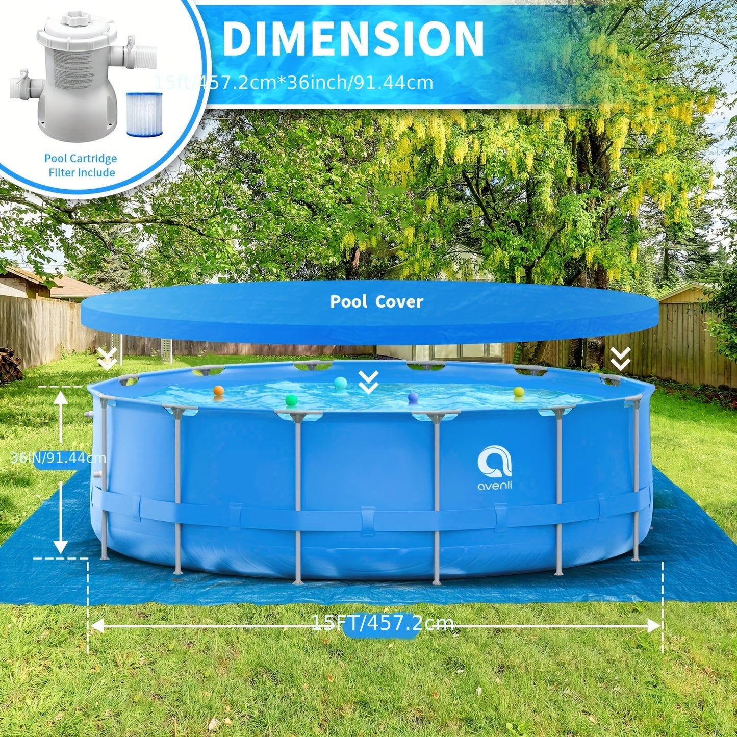 Above Ground Swimming Pool with Metal Frame - Includes 530gal Filter Pump, Ladder, Cover & Ground Cloth