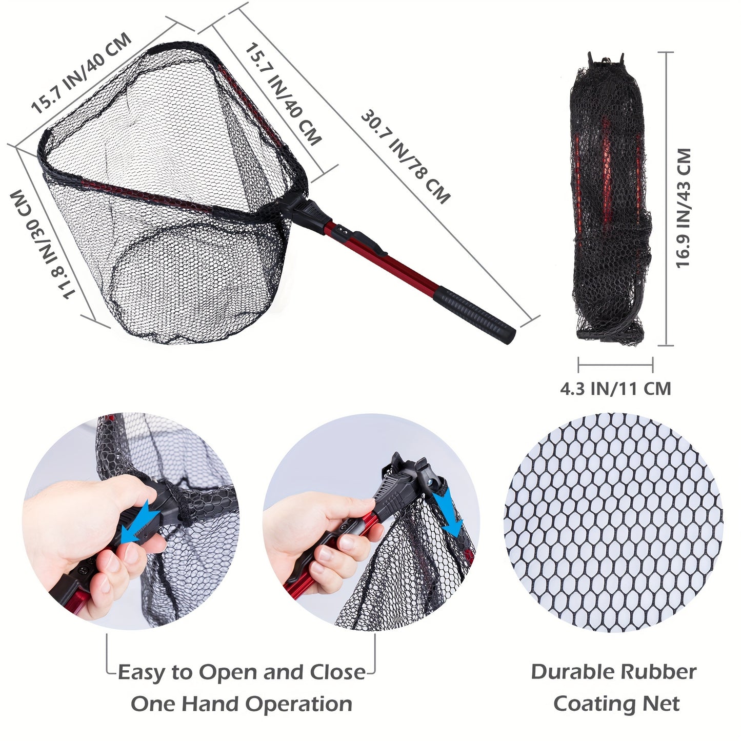 Durable Fishing Net Kit with Fish Gripper, Pliers, Hook Remover, Durable Rubber Coated Net - Anti-Slip Foam Handle