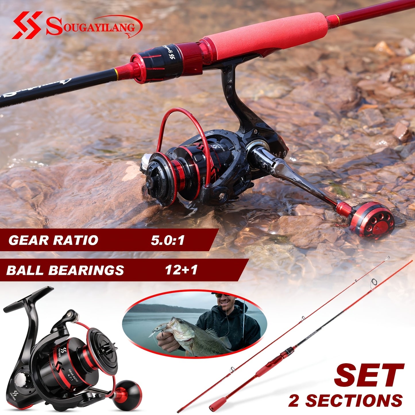 Sougayilang 4-12LBS Two Pieces Light Weight Fishing Pole With 12+1BB High Speed Powerful Gear Combo