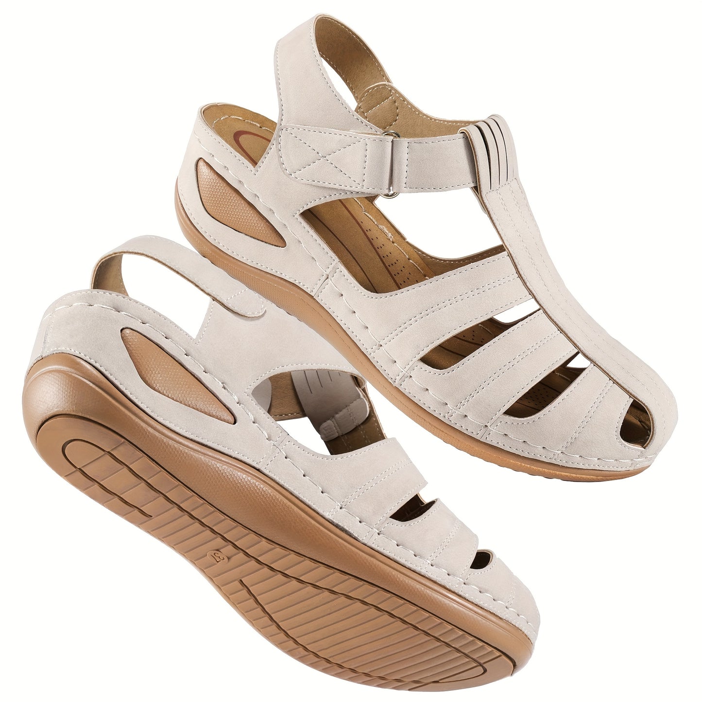 Women's Retro Wedge Sandals - Breathable Perforated Design, Closed Toe Slip-On with Arch Support