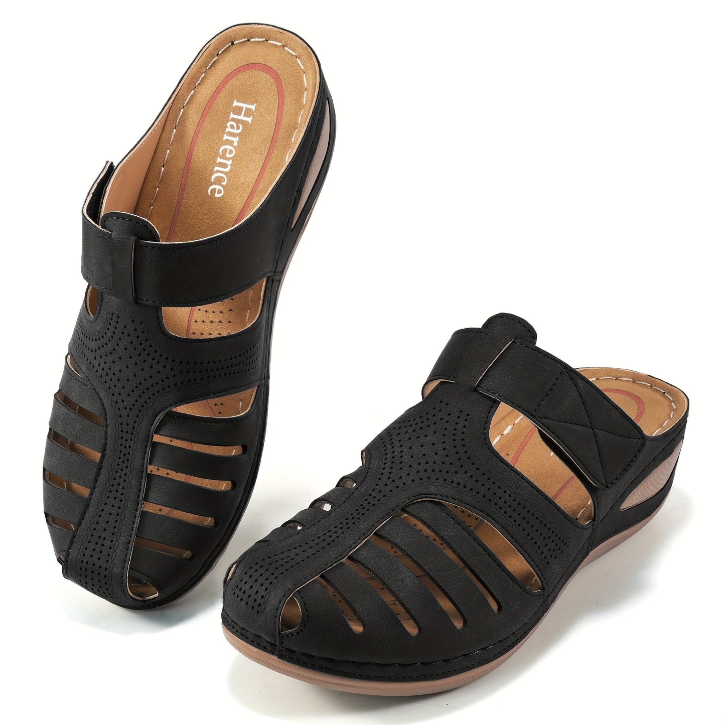 Women's Retro Wedge Sandals - Breathable Perforated Design, Closed Toe Slip-On with Arch Support