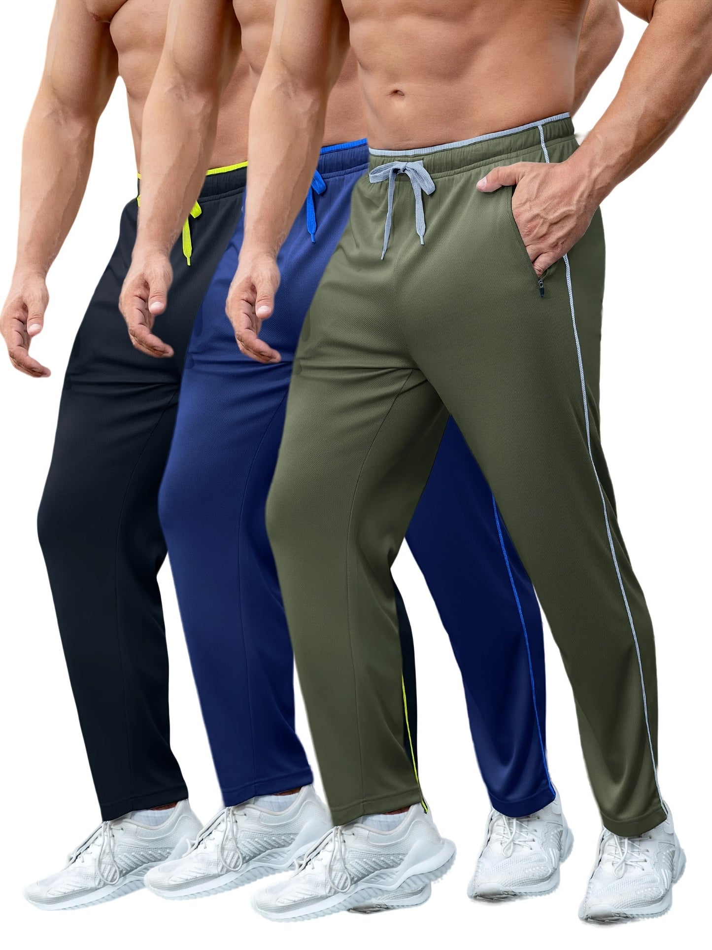 Men's 3 Pack Athletic Sweatpants - Open Bottom, Pocketed, Workout, Running, Training, Jogging Pants