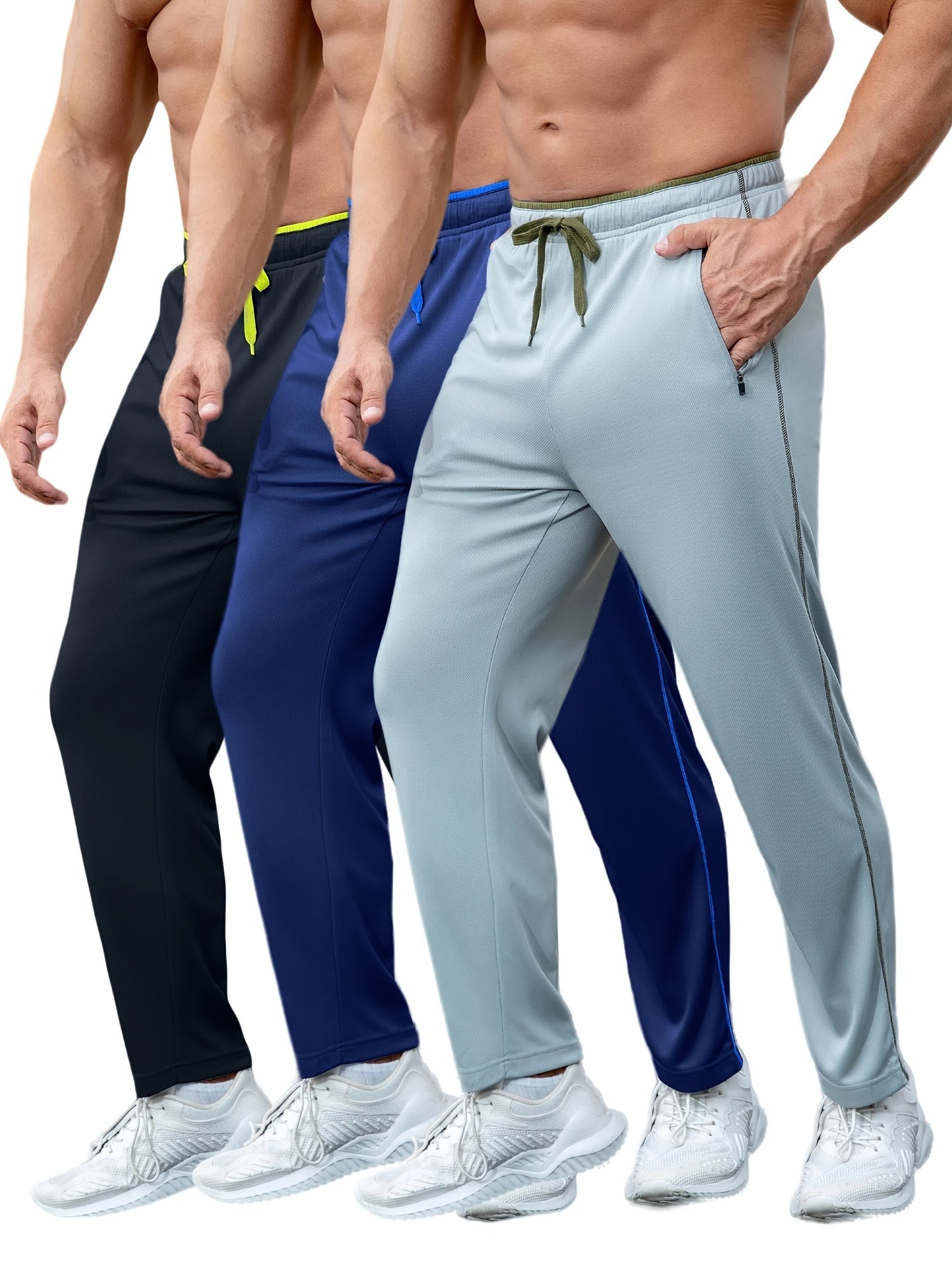 Men's 3 Pack Athletic Sweatpants - Open Bottom, Pocketed, Workout, Running, Training, Jogging Pants