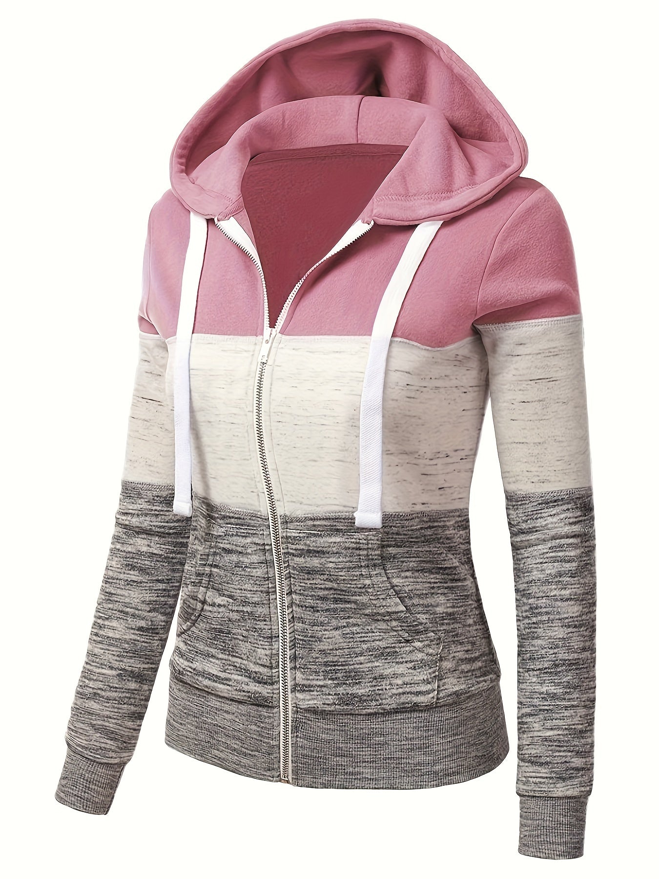 Women's All-Season Zipper Hoodie with Drawstring, Long Sleeve Knit Sweatshirt with Color Block Design