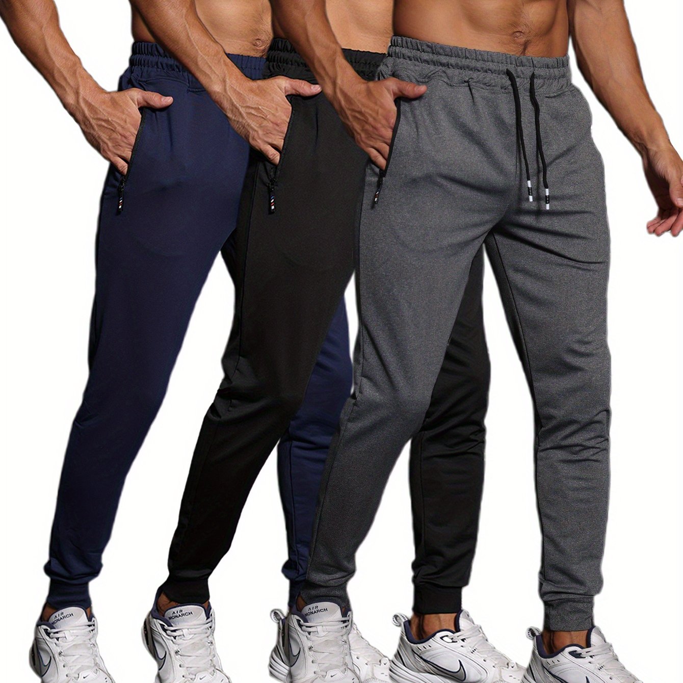 3-Pack Men's Athletic Sweatpants - Knit Fabric, Skinny Fit, Medium Stretch, with Zipper Pockets and Drawstring