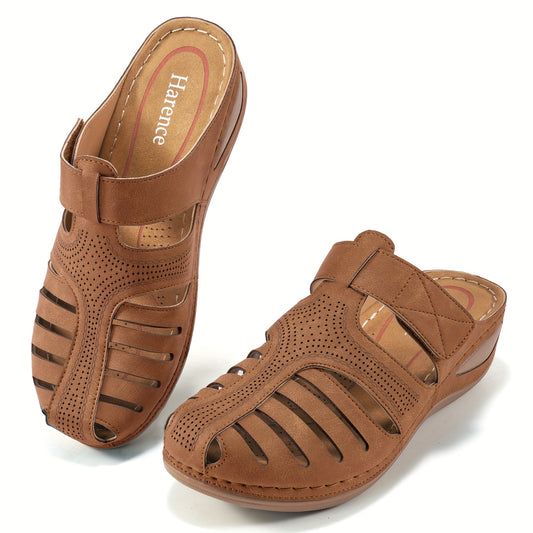 Women's Retro Wedge Sandals - Breathable Perforated Design, Closed Toe Slip-On with Arch Support