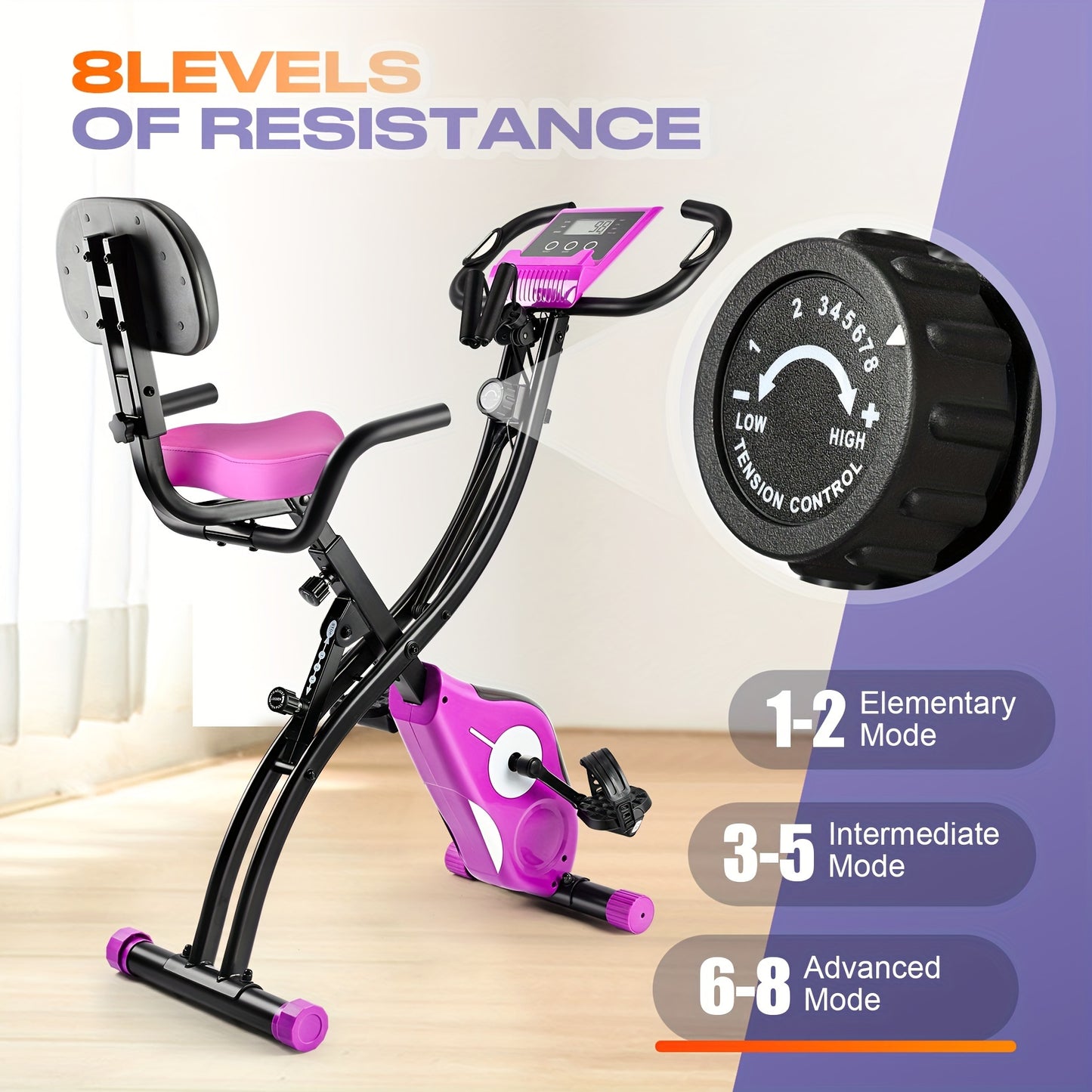 Magnetic Exercise Bike with 8-Level Adjustable Resistance, Bottle Holder & Back Support Cushion