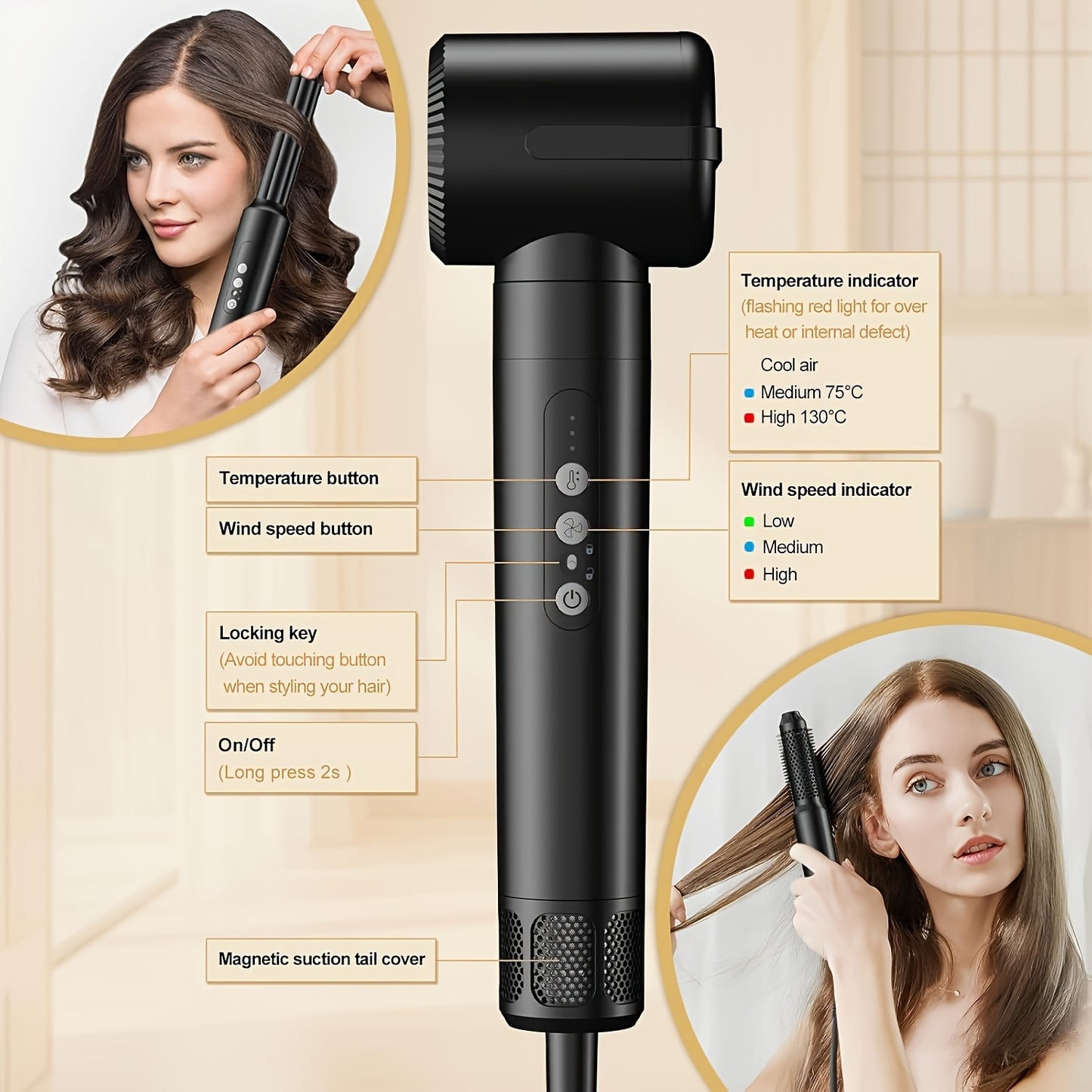 Professional 7-in-1 Hair Brush With High-Speed Negative Ion Hair Dryer, 110,000 RPM High-Speed