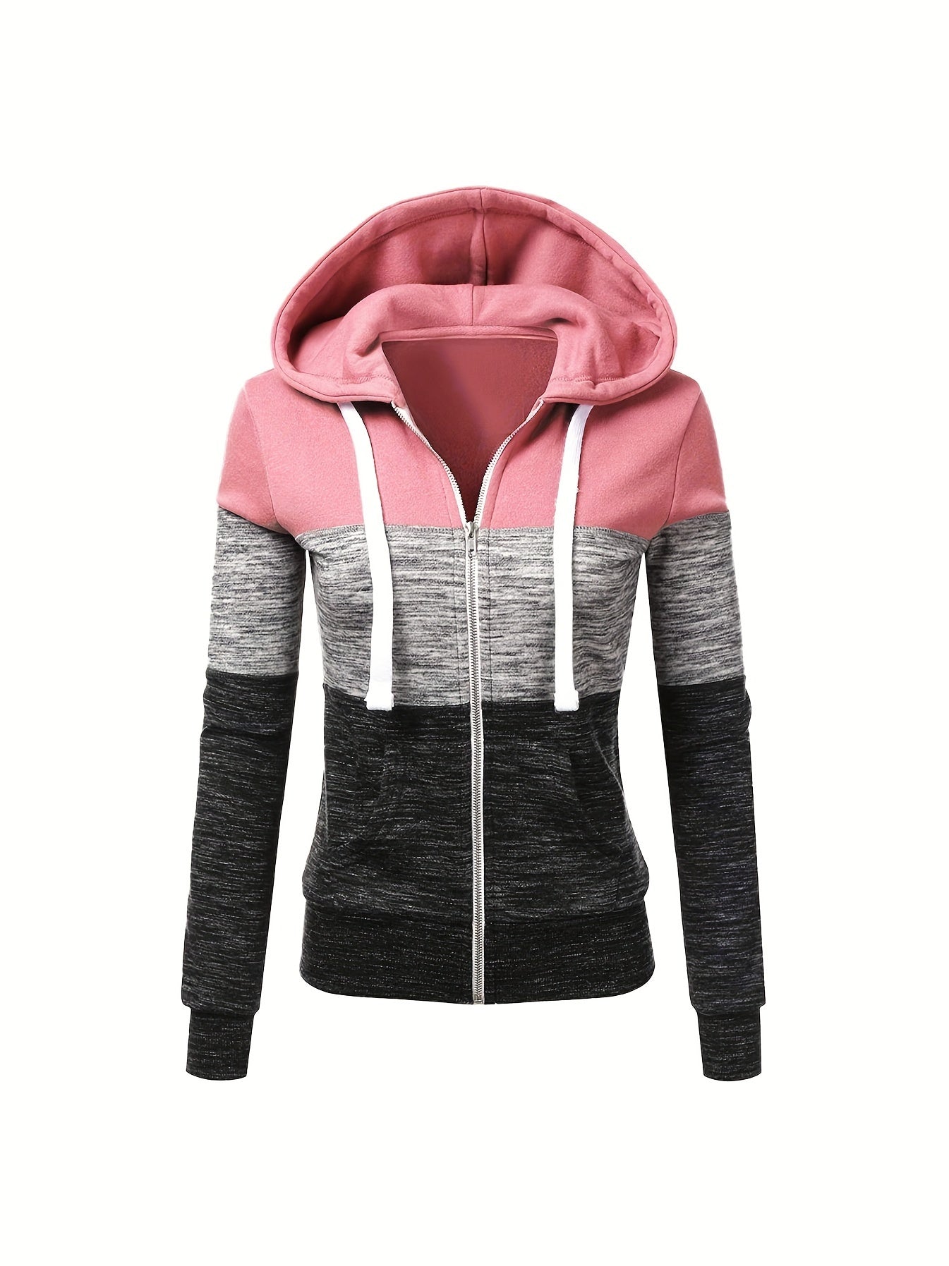 Women's All-Season Zipper Hoodie with Drawstring, Long Sleeve Knit Sweatshirt with Color Block Design