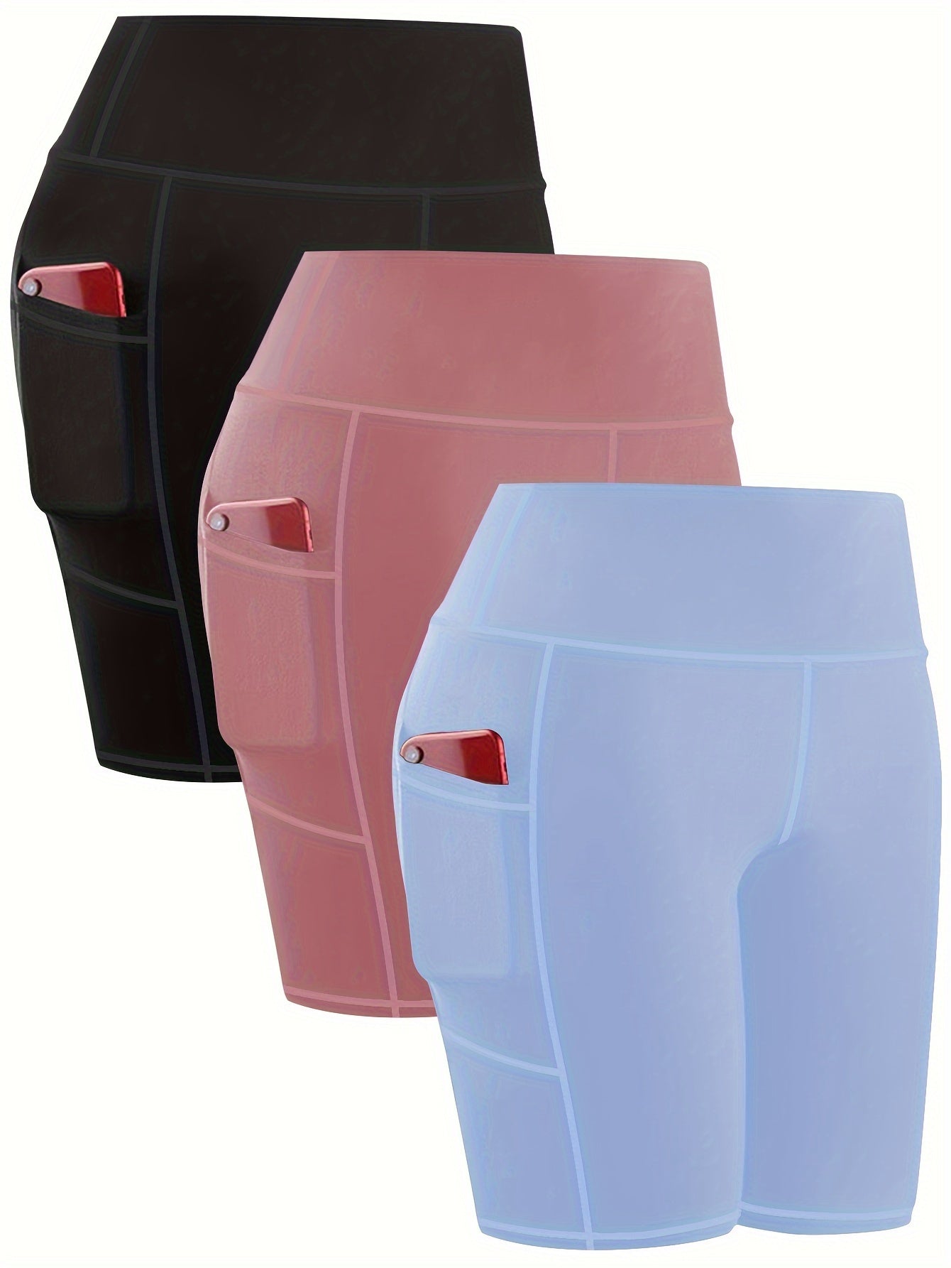 Three-piece Women's Casual Tight-Fitting Sports Shorts, with Pockets, Running Training Activewear