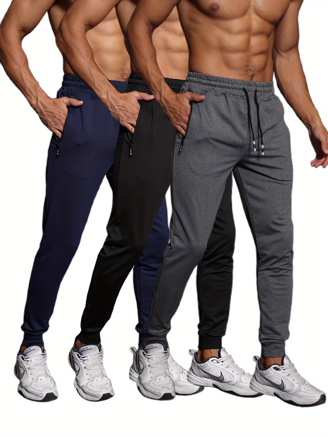 3-Pack Men's Athletic Sweatpants - Knit Fabric, Skinny Fit, Medium Stretch, with Zipper Pockets and Drawstring