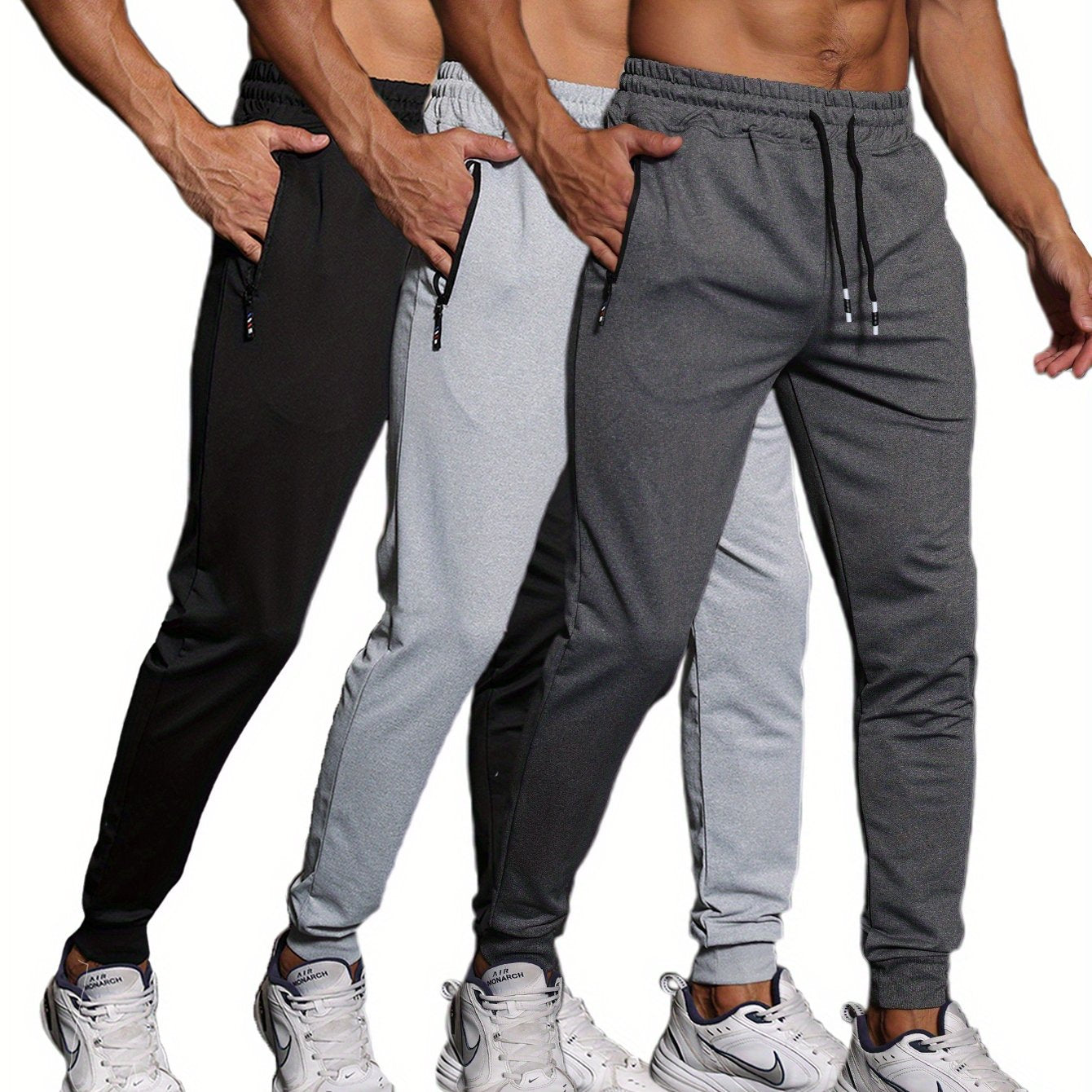 3-Pack Men's Athletic Sweatpants - Knit Fabric, Skinny Fit, Medium Stretch, with Zipper Pockets and Drawstring