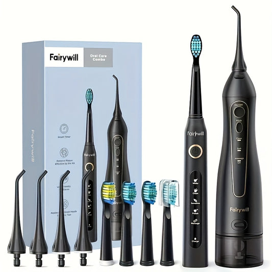 Fairywill Electric Toothbrush And Water Flosser Combo - For Braces Bridges Care, Black