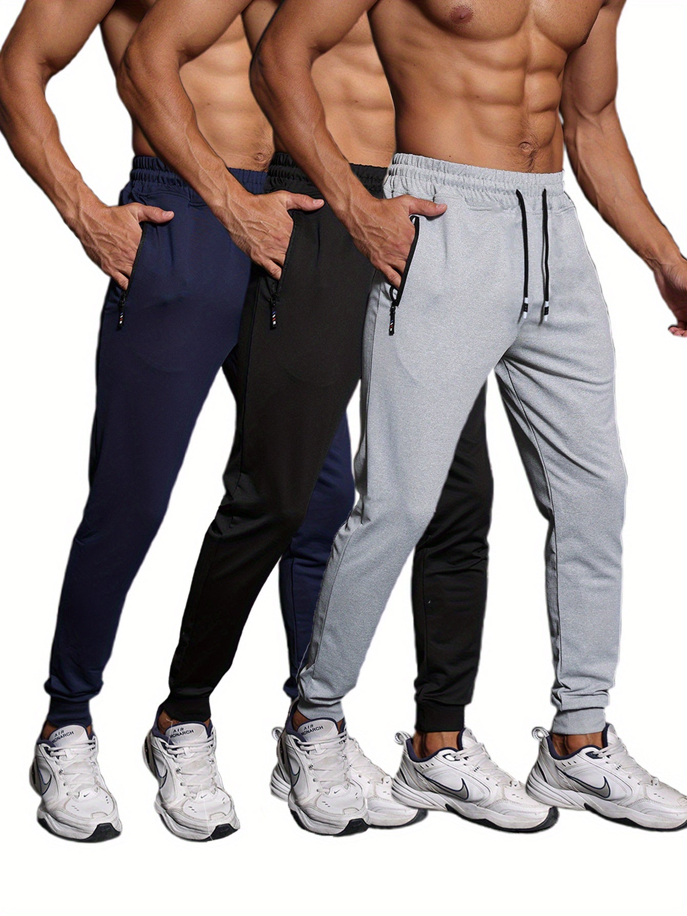 3-Pack Men's Athletic Sweatpants - Knit Fabric, Skinny Fit, Medium Stretch, with Zipper Pockets and Drawstring