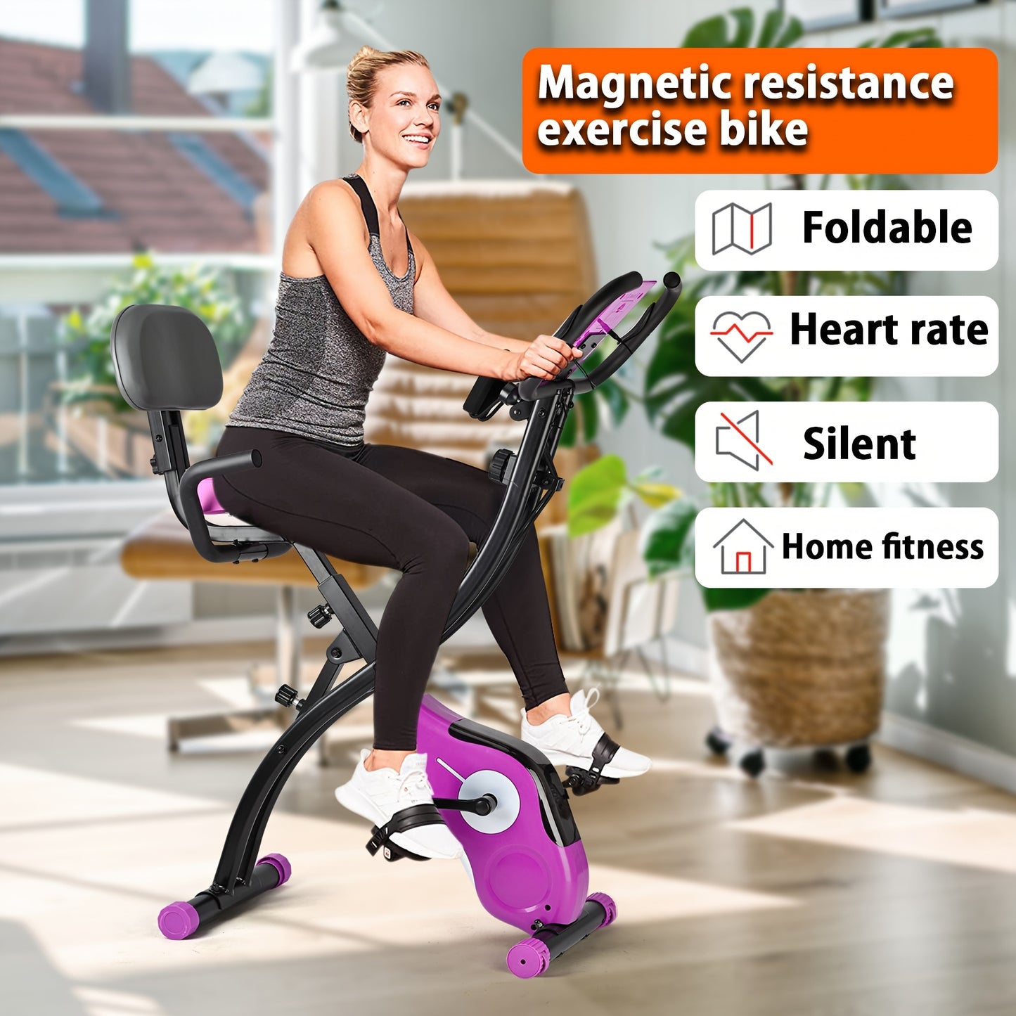 Magnetic Exercise Bike with 8-Level Adjustable Resistance, Bottle Holder & Back Support Cushion