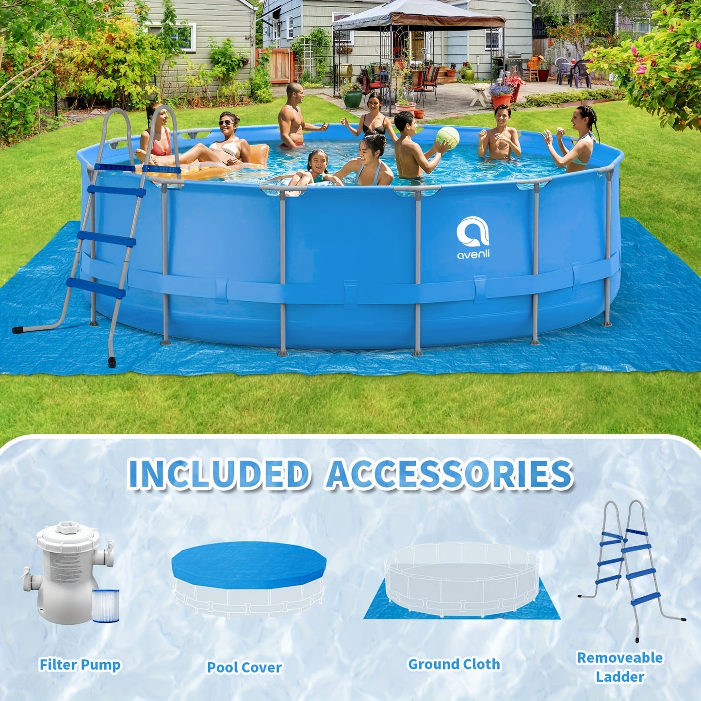 Above Ground Swimming Pool with Metal Frame - Includes 530gal Filter Pump, Ladder, Cover & Ground Cloth