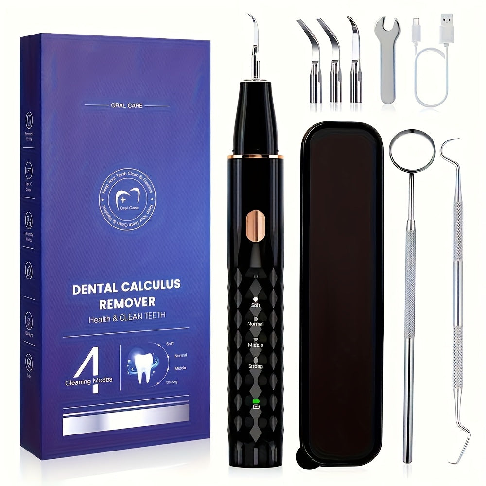 LED Dental Calculus Remover Kit - 4 Cleaning Modes, 3 Replaceable Heads, Hypoallergenic, USB Powered