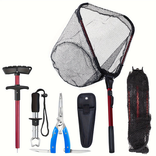 Durable Fishing Net Kit with Fish Gripper, Pliers, Hook Remover, Durable Rubber Coated Net - Anti-Slip Foam Handle