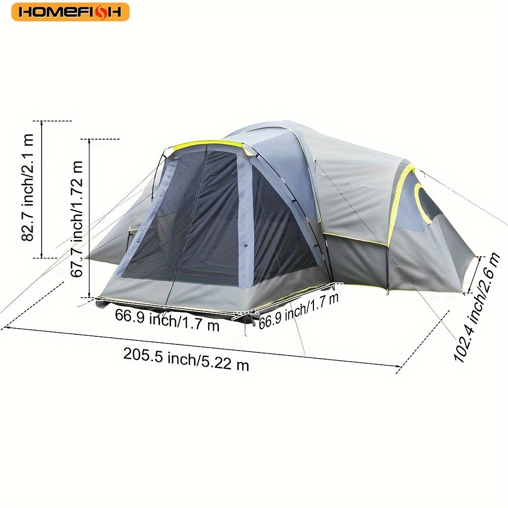 HOMEFISH 522*260*210cm Camping Tents Fits 10 People Three Rooms Polyester Cloth Fiberglass Dark Grey