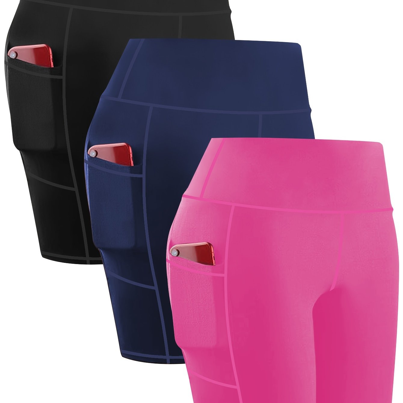 Three-piece Women's Casual Tight-Fitting Sports Shorts, with Pockets, Running Training Activewear