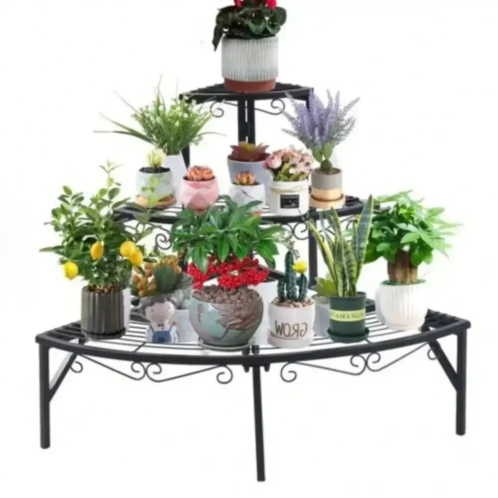 3-Tiers Metal Black Curved Corner Shelf Plant Stand