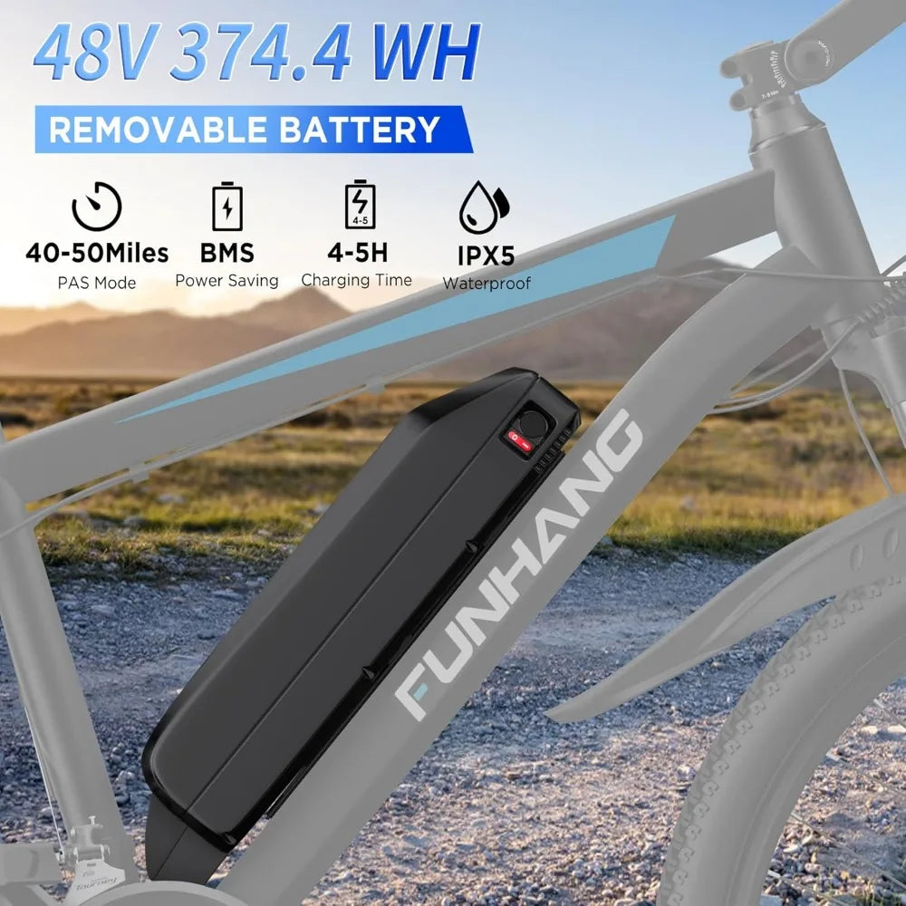 Electric Bike for Adults, 26'' 1000W Peak, Up to 50 Miles 21.7MPH with 48V 374.4WH Removable Battery