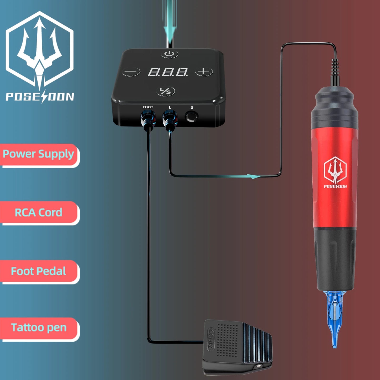 POSEIDON Red Tattoo Pen Machine Kit High Quality Motor Power Supply with Starting Inks