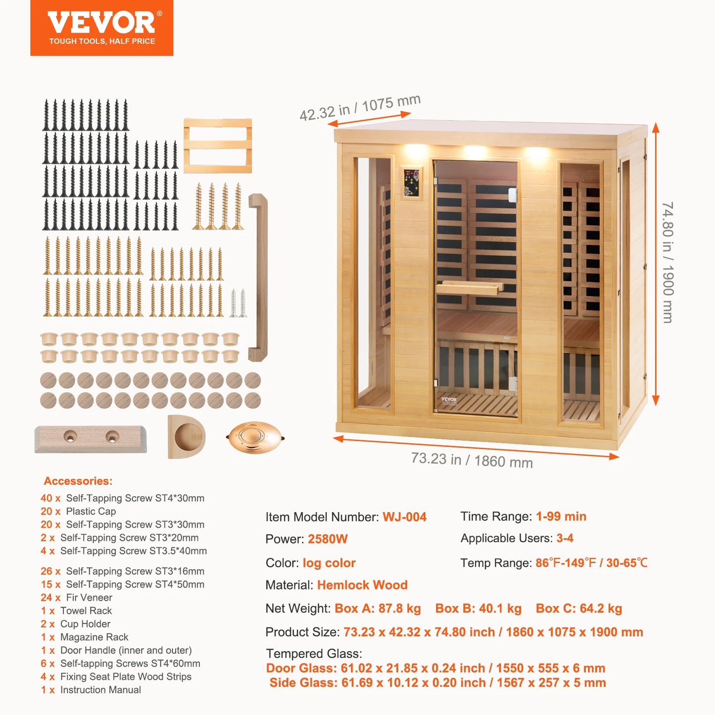 VEVOR Far Infrared Wooden Sauna Room Home Spa for Person Low EMF Far with Tempered Glass Door