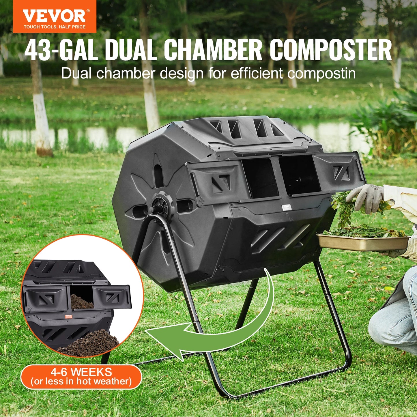 VEVOR Compost Bin 18.5/37/43-Gal Dual Chamber Tumbler BPA Free Tumbler for Garden Kitchen Yard Outdoor