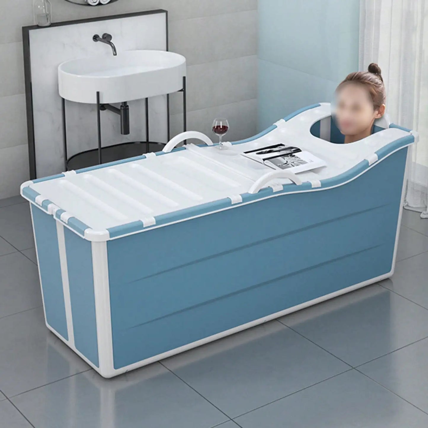 53" Extra Large Portable Foldable Bathtub for Adults, SPA Soaking Tub with Cover Lid Thickened, Blue