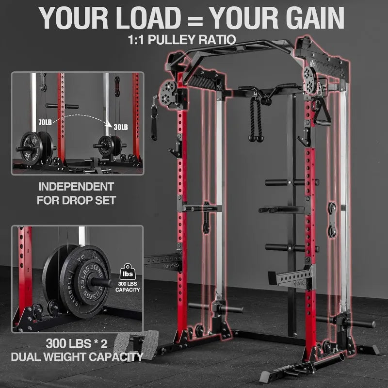 Power Cage, 2000LB Squat Rack, Dual Pulley Cable Crossover System, Multi-function Home Gym Workout Machine