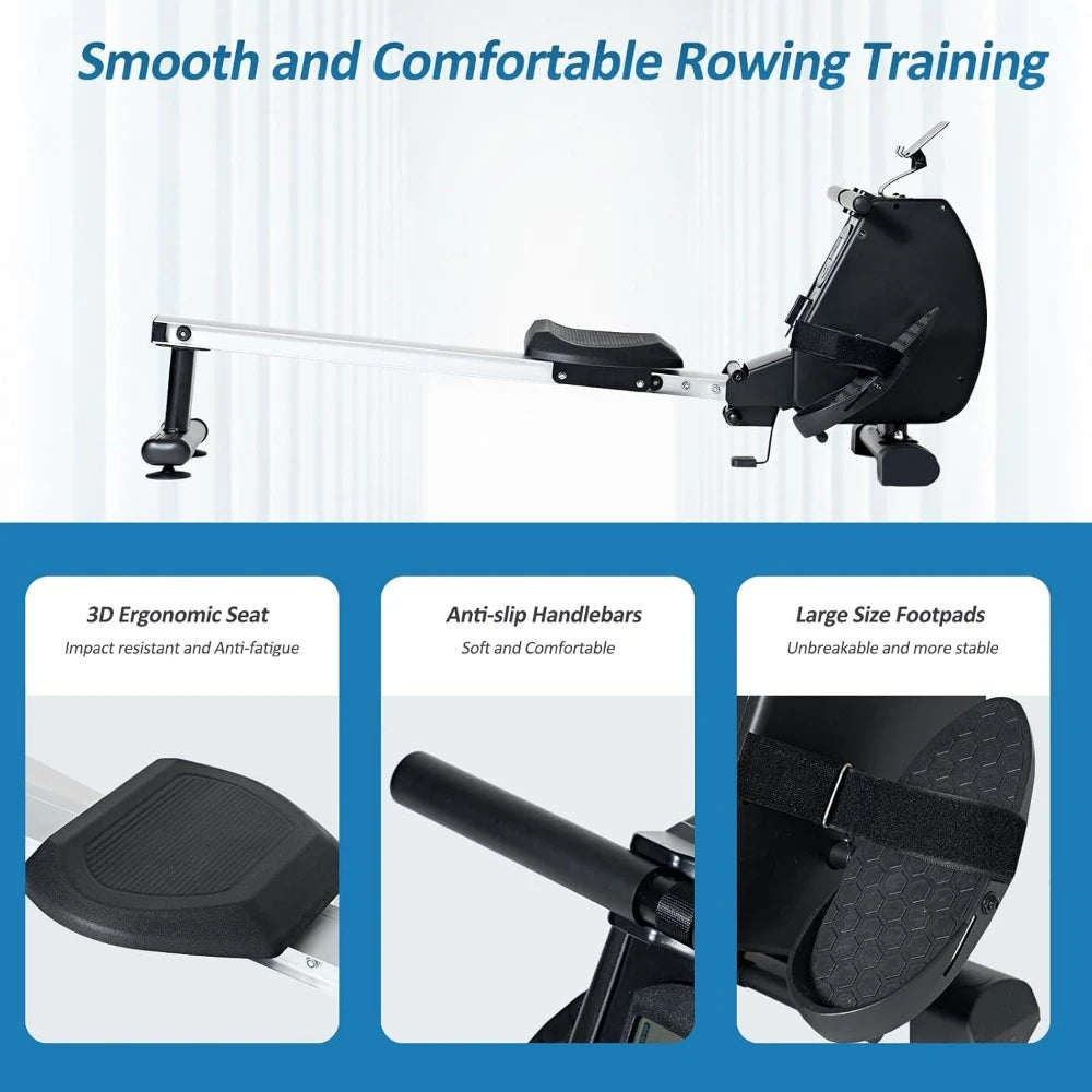 Foldable Rowing Machine Magnetic 8 Levels of Resistance All Aluminum Alloy Mute Slide 3D Ergonomic PU