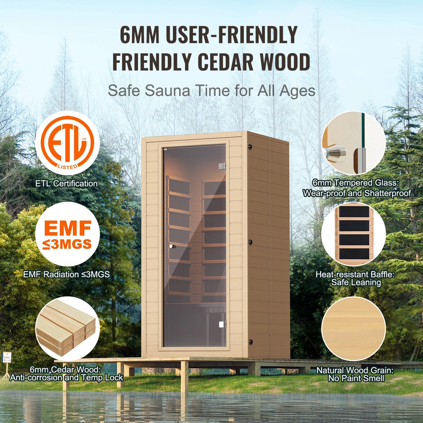 VEVOR Far Infrared Wooden Sauna Room Home Spa for Person Low EMF Far with Tempered Glass Door