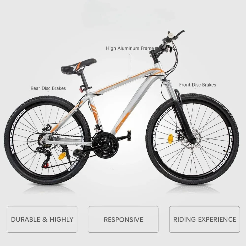 26 Inch Mountain Bike, Aluminum Frame, 21-Speed Dual Disc Brake Bicycle with Lock-Out Suspension Fork