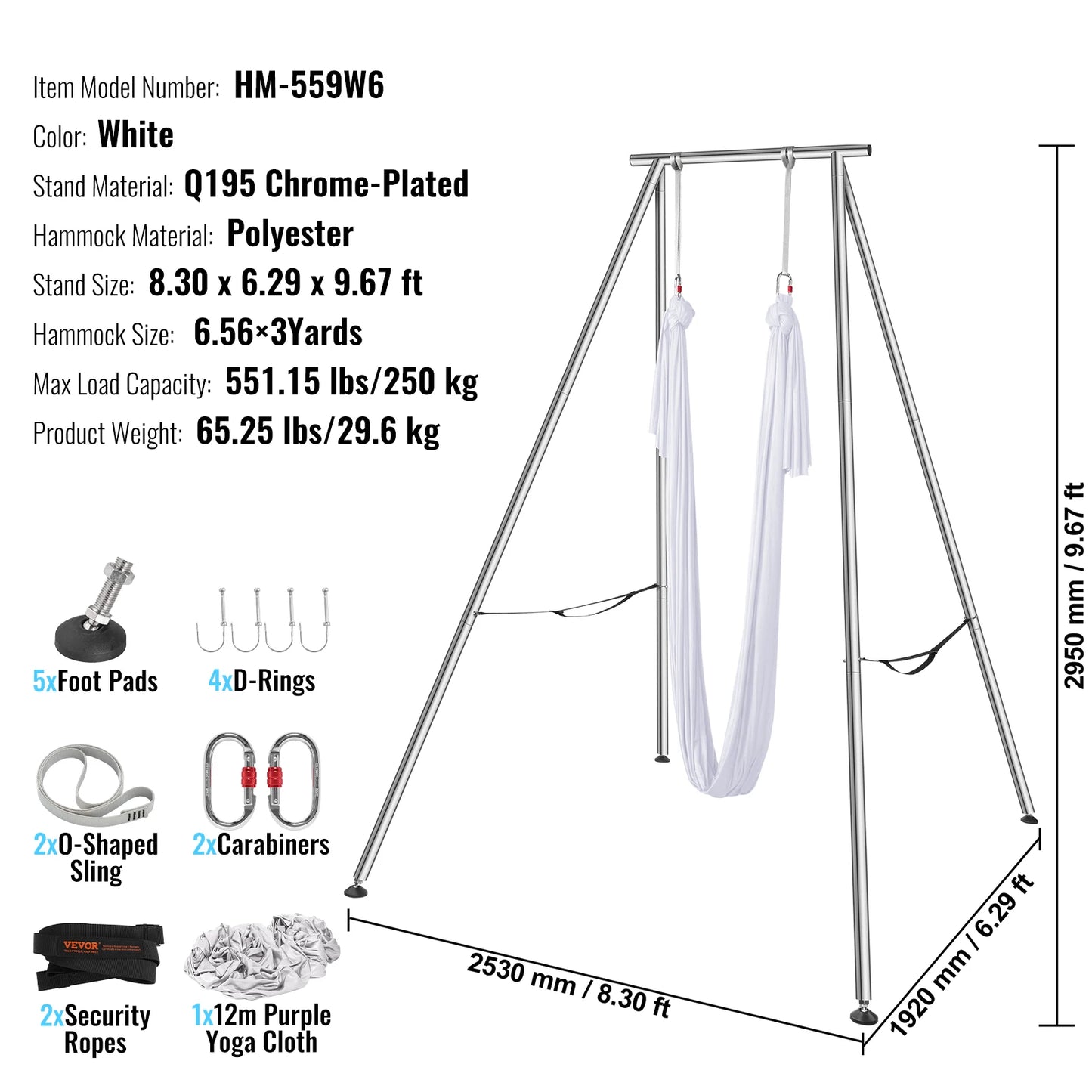 VEVOR Professional Aerial Yoga Frame & Hammock 9.67FT with 6.6 Yards Aerial Silks Max 551lbs