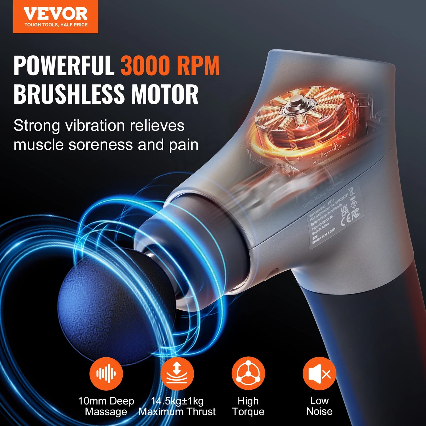 VEVOR Deep Tissue Percussion Muscle Massage Gun with 6 Speed Levels & 4 Massage Heads 12V 2500mAh