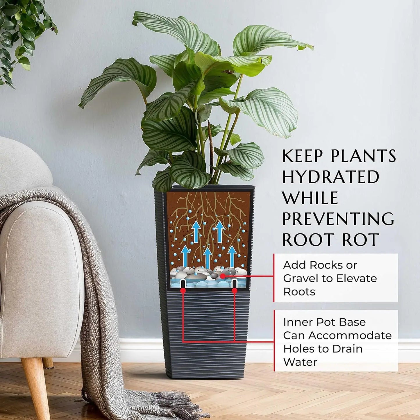 Heavy Duty Tall Planter, Indoor/Outdoor Plant, 2-Piece Set, 24”, Modern Design, Built-in Drainage