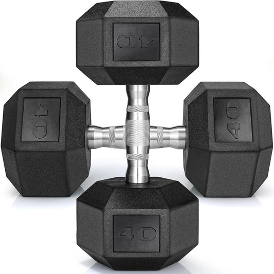 Rubber Hex Dumbbell Hand Weight, 40-75LB Stable Design Coated Cast Iron, 1Pair/2Pcs, Black