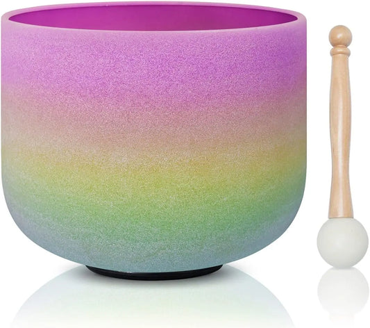 CVNC 440HZ 8 Inch Rainbow Colored B Note Crown Chakra Frosted Quartz Crystal Singing Bowl