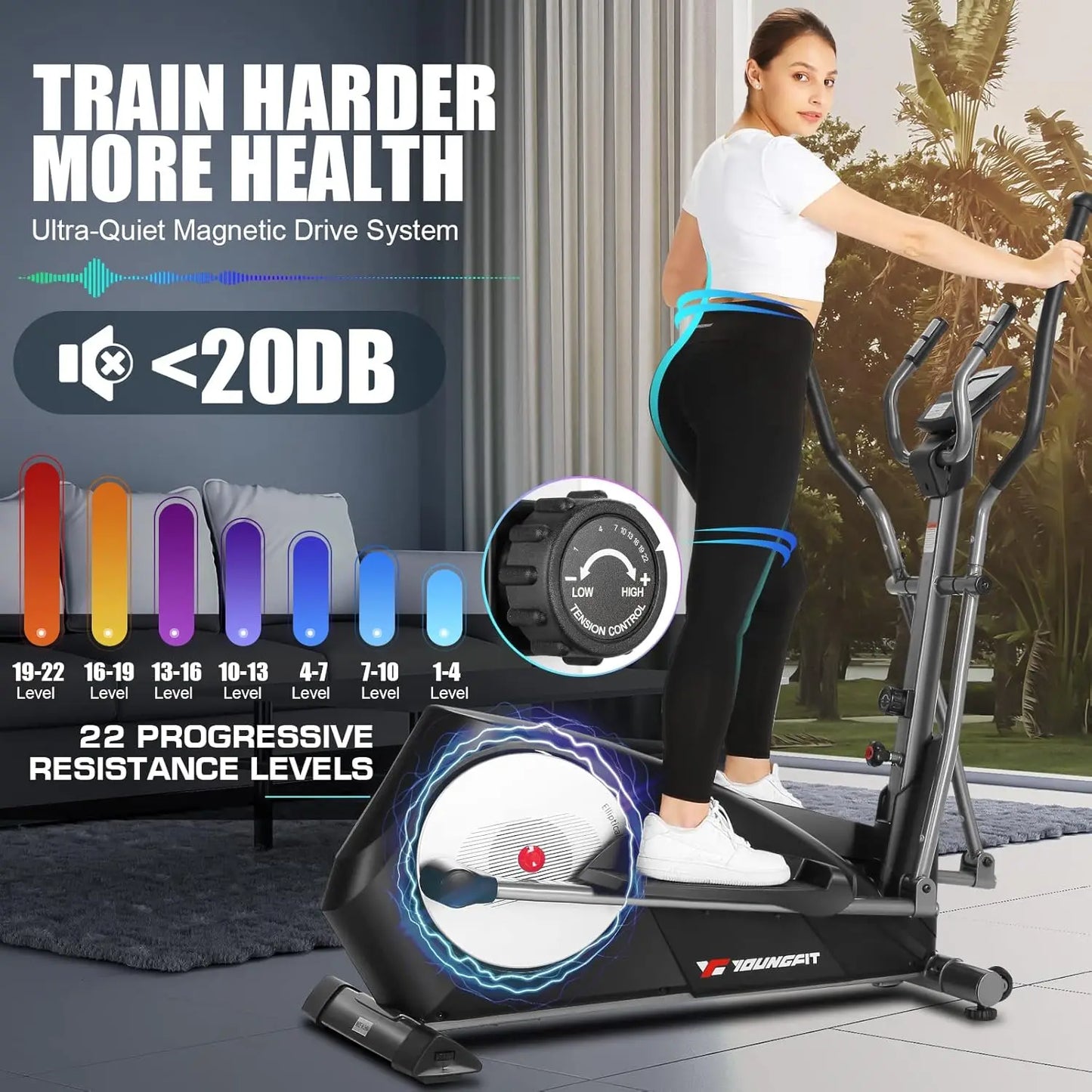 Foldable Elliptical Machine for Home, 22 Resistance Levels with Large LCD Monitor Exercise Machine